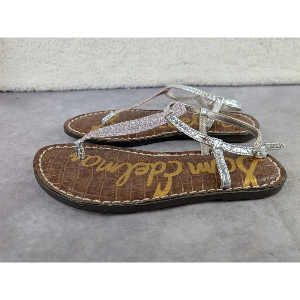 Sam Edelman Gigi Mini Lilac Glitter Silver Metallic T-Strap Sandals 4 Big Kid